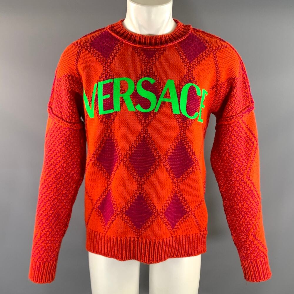 VERSACE FW2021 Size M Orange Lime Argyle Alpaca Wool Pullover